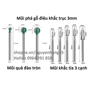 Mũi điêu khắc gỗ làm lũa cao cấp trục 3mm - mũi khắc gỗ quả đào tròn - mũi 3 cạnh khắc gỗ - dao khắc gỗ