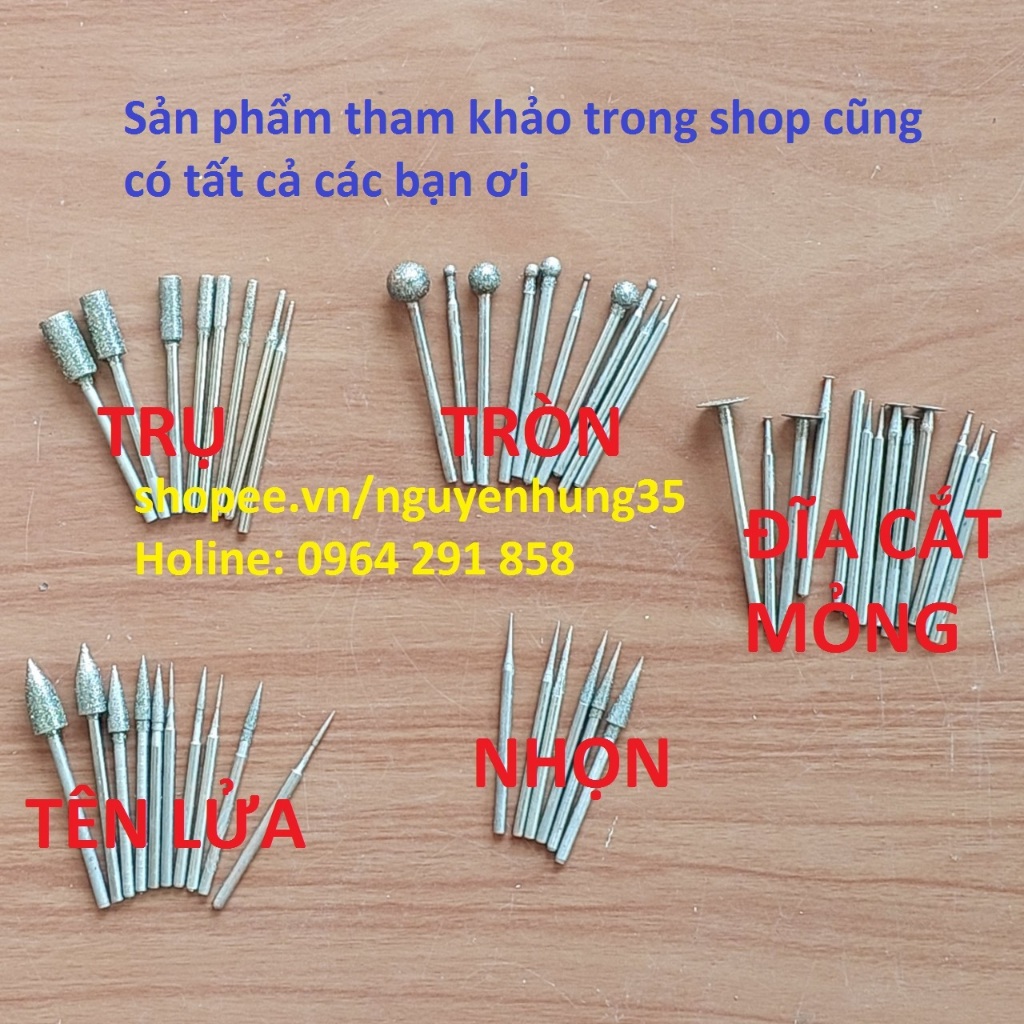 Mũi mài nhọn hàng mịn #120, mũi mài kim cương đầu nhọn đủ kích cỡ chân cán 2.35mm