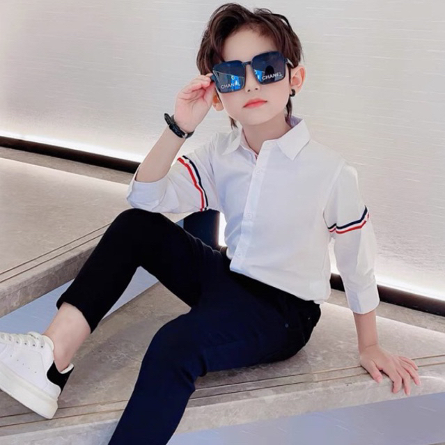 Sơ mi trắng dài tay túi khóa trước hàng loại 1 chất dày, ko nhăn, thấm hút mồ hôi cho bé trai size từ 10 kí đến 40 kí