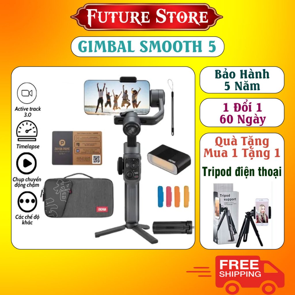 Gimbal chống rung điện thoại Zhiyun Smooth 5, Tay cầm chống rung cho điện thoại 3 trục, hỗ trợ quay phim chuyên nghiệp