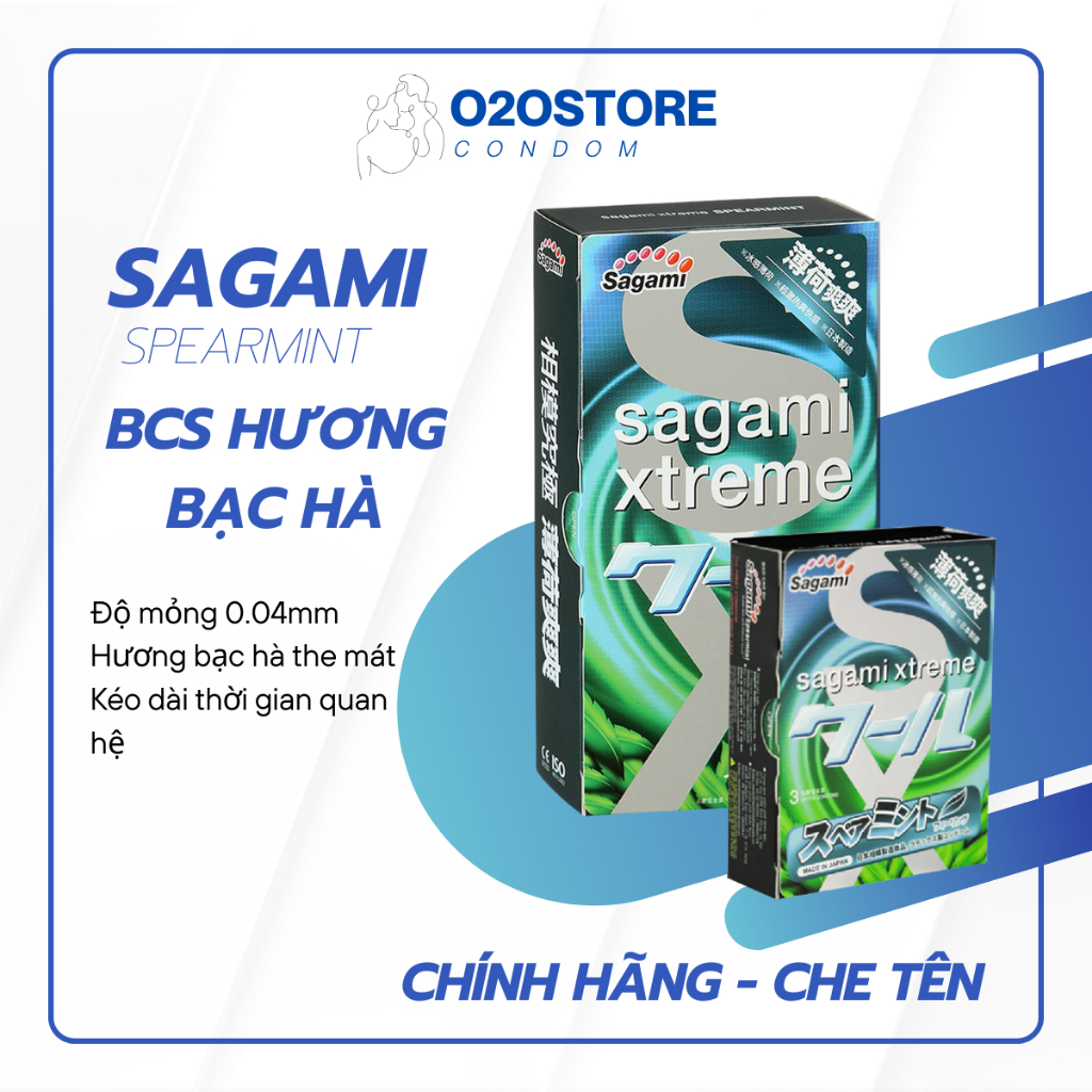Bao cao su Sagami Spearmint kéo dài thời gian hương bạc hà mát lạnh, Hộp 10 bcs chính hãng, che tên sản phẩm