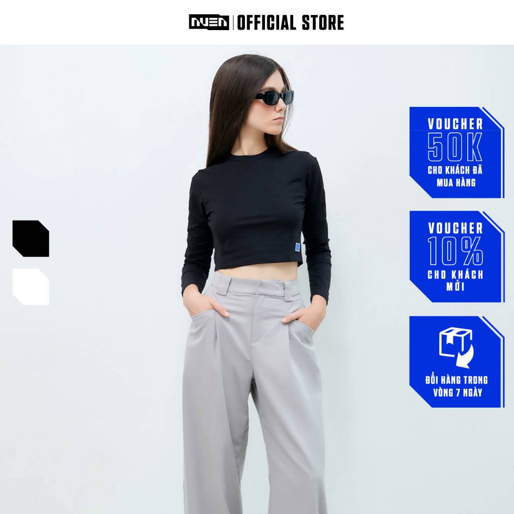 Áo thun croptop nữ dài tay ôm body NUEN KARLA thun 4 chiều 2 màu trắng đen