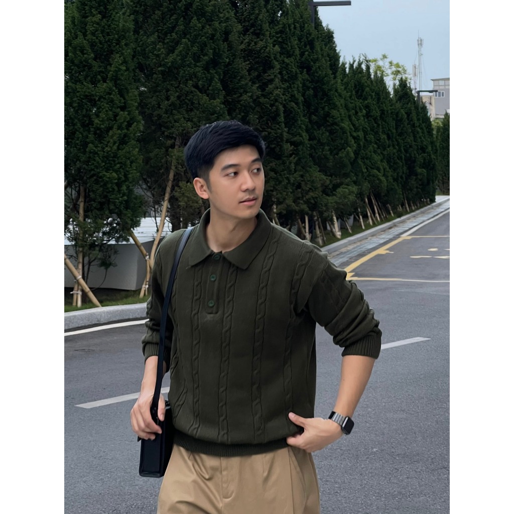 Áo polo len nam RLEN xanh rêu chất len dày dặn