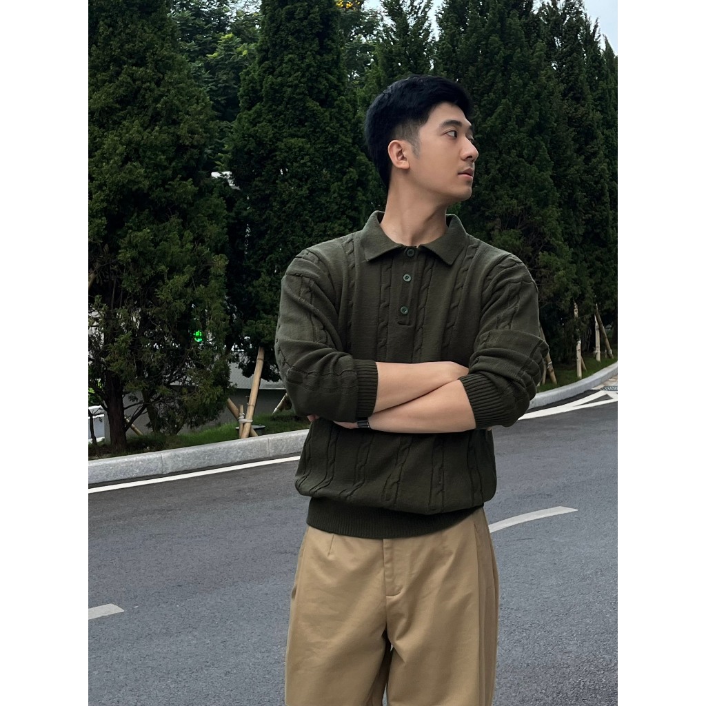 Áo polo len nam RLEN xanh rêu chất len dày dặn