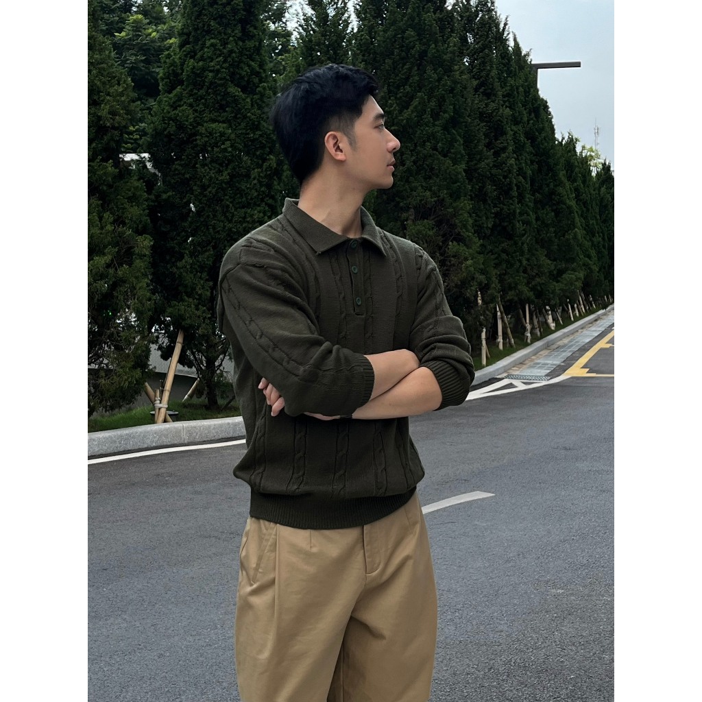 Áo polo len nam RLEN xanh rêu chất len dày dặn