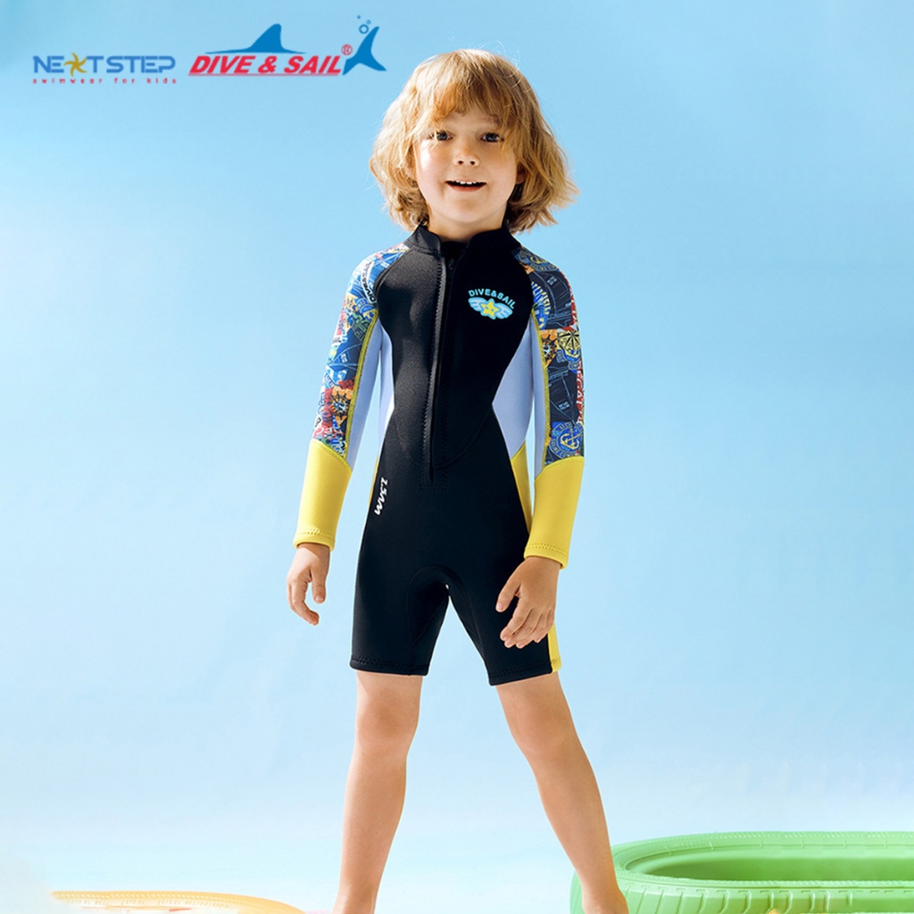 Đồ bơi giữ nhiệt cho bé trai chống nắng tay dài hiệu Dive and Sail chất liệu cao su Neoprene dày 2.5mm chống thấm nước