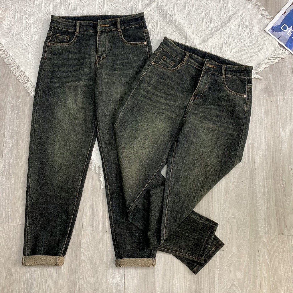 7004 Quần Jean Nữ Baggy Co Giãn Lưng Cao Thoải Mái Túi Thêu Ánh Rêu,quần bò jean bigsize nữ giãn cạp cao