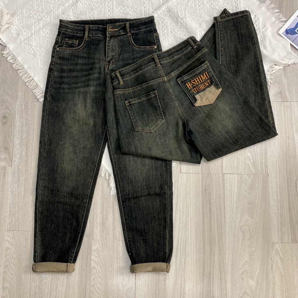 7004 Quần Jean Nữ Baggy Co Giãn Lưng Cao Thoải Mái Túi Thêu Ánh Rêu,quần bò jean bigsize nữ giãn cạp cao