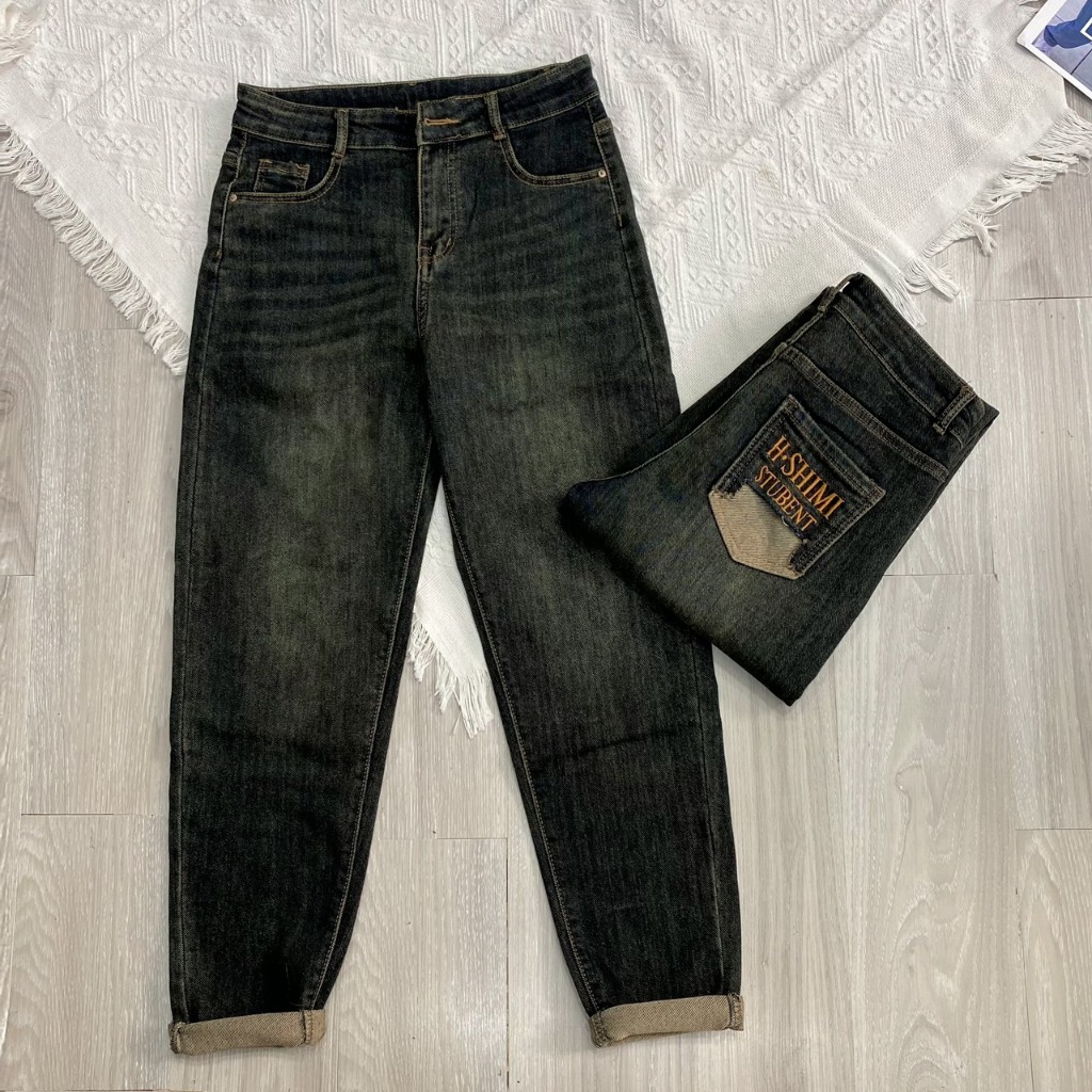 7004 Quần Jean Nữ Baggy Co Giãn Lưng Cao Thoải Mái Túi Thêu Ánh Rêu,quần bò jean bigsize nữ giãn cạp cao