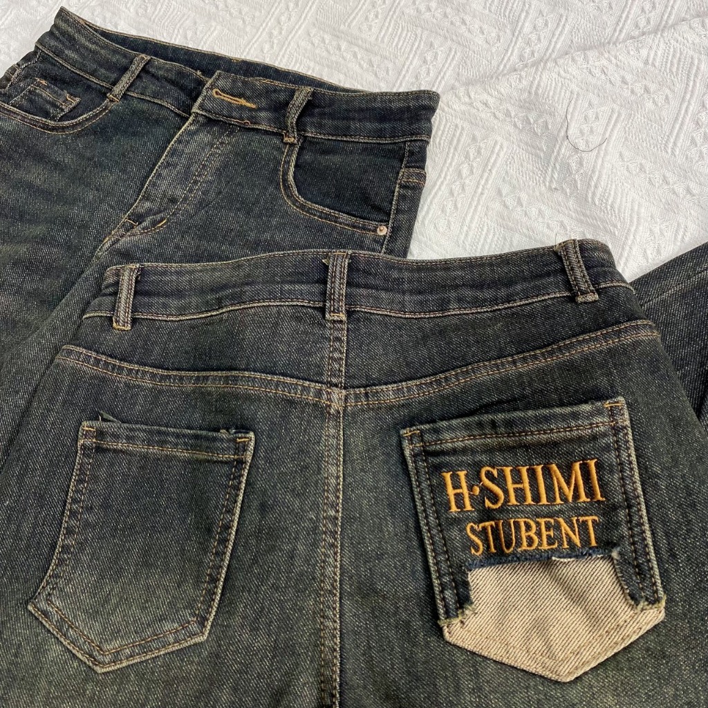 7004 Quần Jean Nữ Baggy Co Giãn Lưng Cao Thoải Mái Túi Thêu Ánh Rêu,quần bò jean bigsize nữ giãn cạp cao