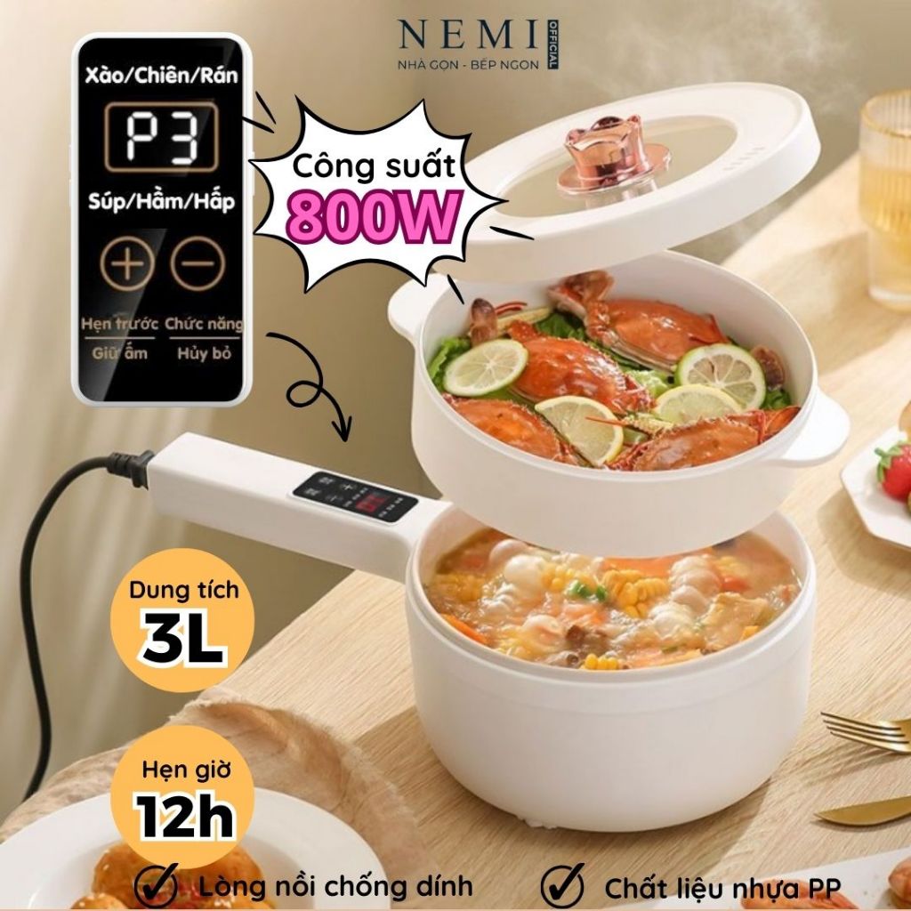 Nồi điện đa năng NEMI chống dính kèm khay hấp dung tích 3L dùng để nấu, xào, chiên rán, nấu cơm