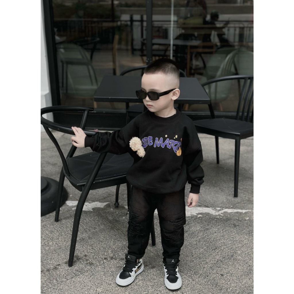 Áo nỉ cổ tròn cho bé 13demazo xanh tặng kèm gấu, áo nỉ sweater cho bé,TP KIDS,