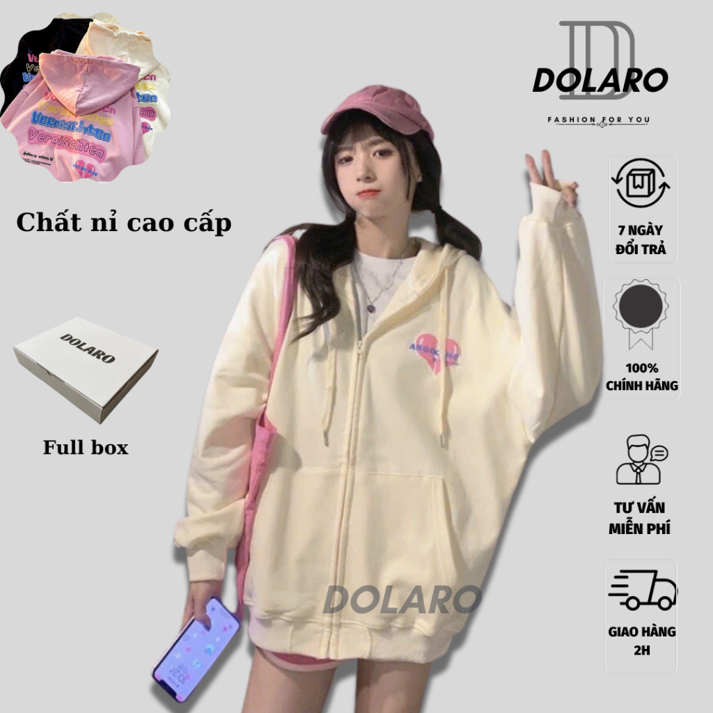 Áo khoác nỉ khoá kéo DOLARO chất liệu dày dặn cao cấp, áo hoodie nỉ zip kèm nón 2 lớp form rộng hàng chính hãng dolaro