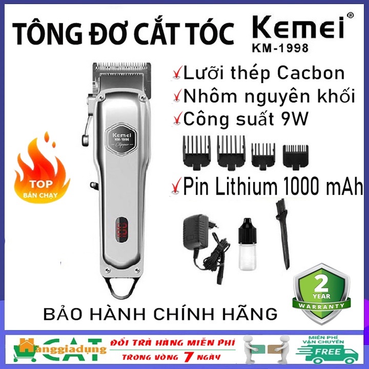 Tông đơ, Tăng đơ cắt tóc Kemei KM-1998 - Màu Bạc Nguyên Khối Đẳng Cấp Cho SALON