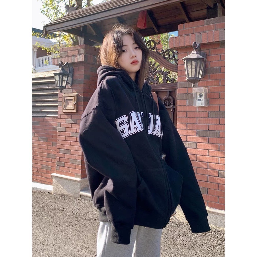 Áo hoodie, áo hoodie zip nỉ form rộng chữ SANJATI chất nỉ cotton dày dặn