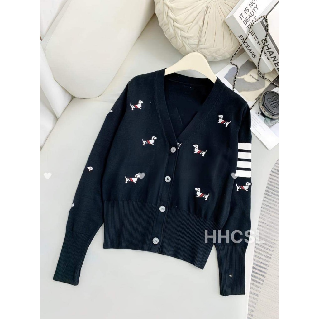 Áo khoác, áo cardigan thom thêu chó họa tiết 4 kẻ sọc cao cấp nam nữ
