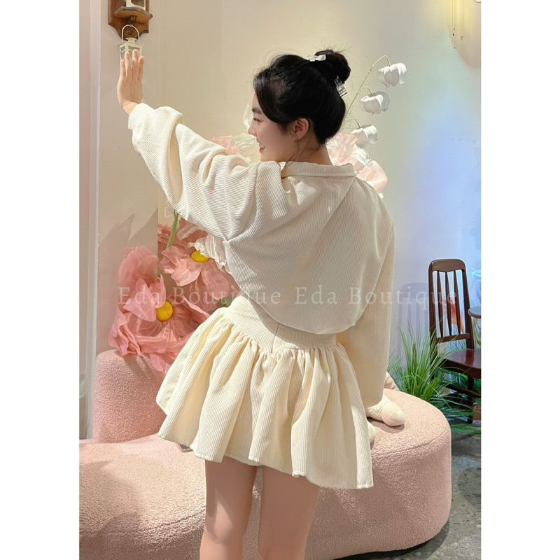 Set nữ Áo Croptop EDA tay dài nhung tăm cổ sơ mi kiểu thu đông kèm chân váy thiết kế cao cấp dáng xoè thắt dây