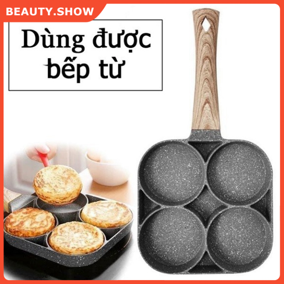 Khuôn Chảo Chiên Rán Trứng Làm Bánh 4 Ngăn 4 Lỗ Chống Dính - Chống Dính Tay Cầm Gỗ 4 ngăn，Thích hợp sử dụng cho bếp ga