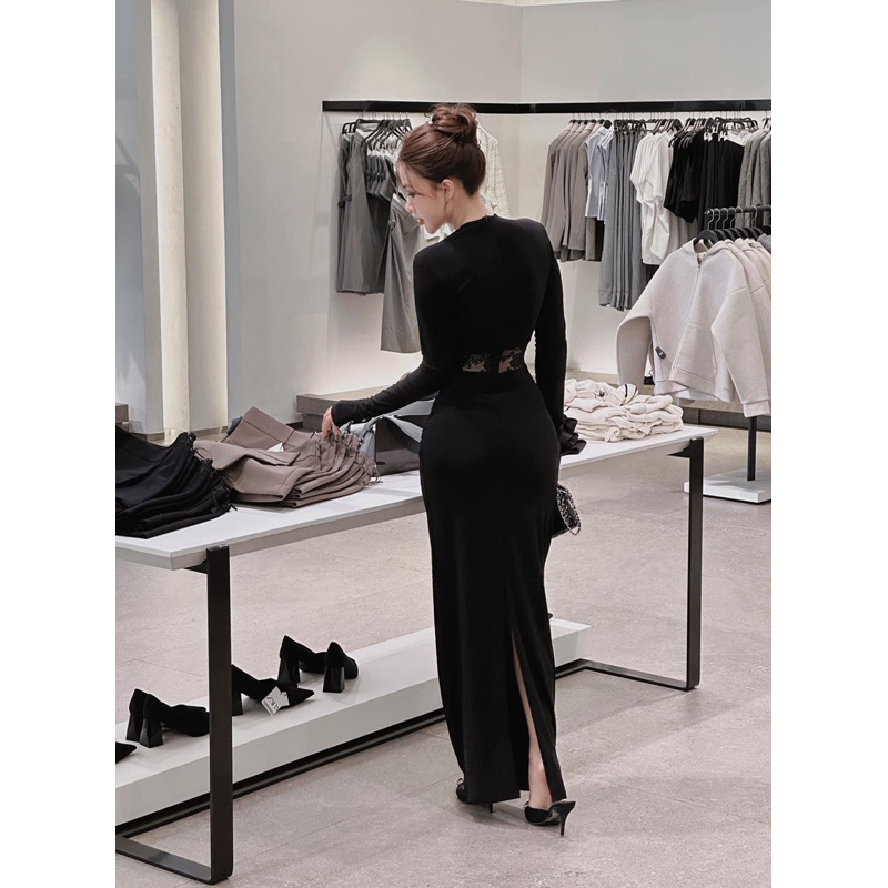 Đầm thiết kế tay dài ren lưới bụng - carotshop