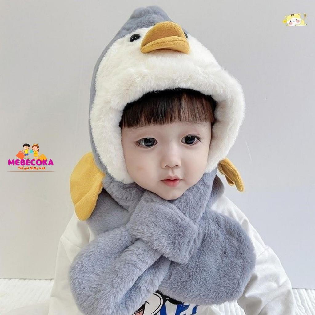 Mũ len cho bé Trai bé Gái, Mũ lông hình chú vịt con siêu ấm kèm khăn cho bé
