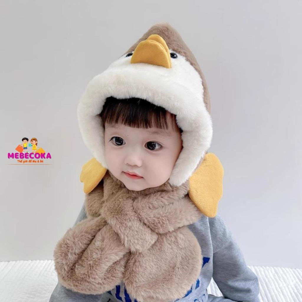 Mũ len cho bé Trai bé Gái, Mũ lông hình chú vịt con siêu ấm kèm khăn cho bé