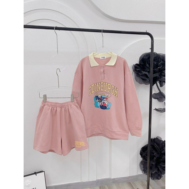 Set áo hoodie cổ bẻ in hình + quần short hồng