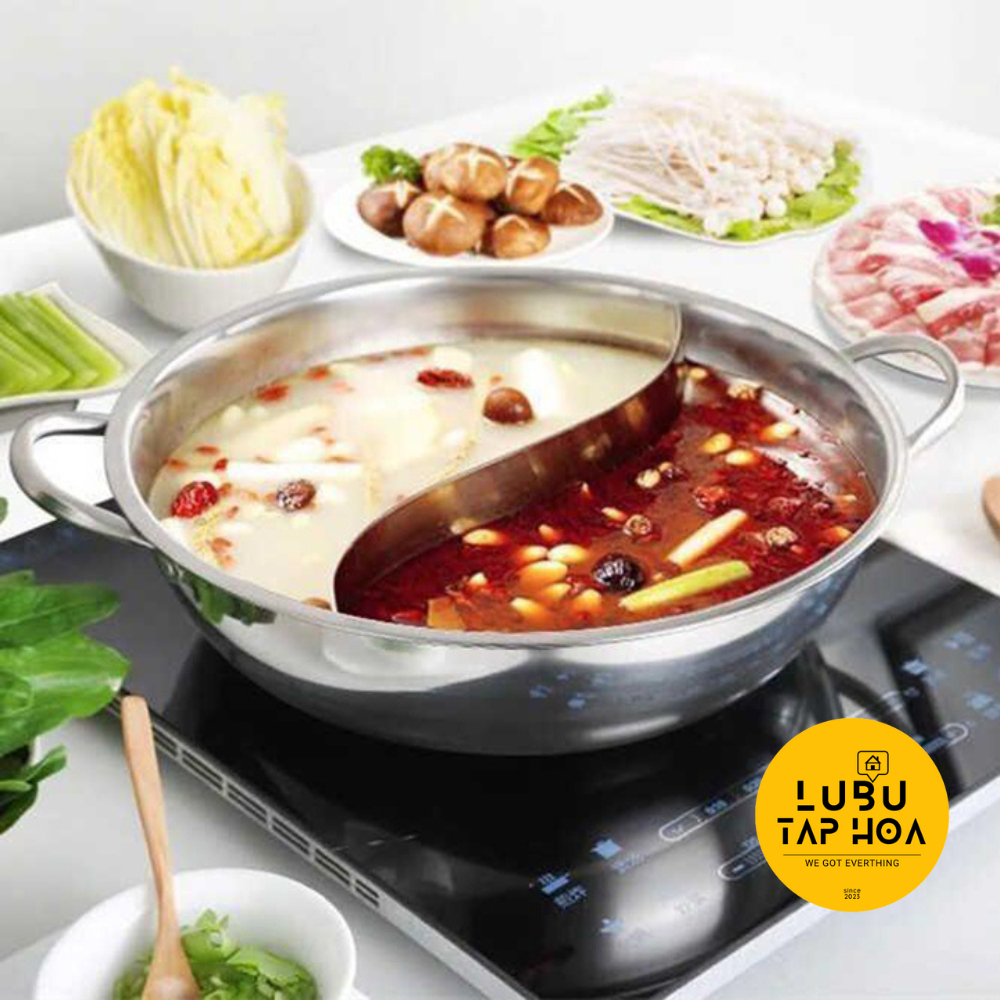 Nồi Lẩu 2 Ngăn Kèm Nắp Kính Dùng Được Bếp Từ Size 32cm - INOX 304 CAO CẤP - Lubu Tạp Hóa