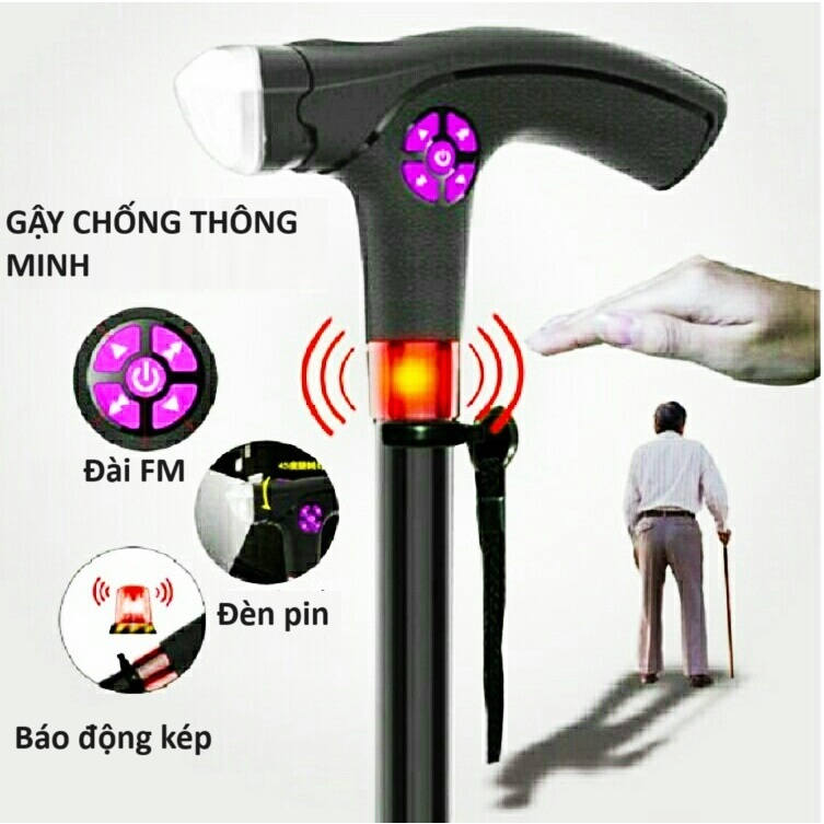Gậy Chống Thông Minh Cho Người Già Kết Hợp Đài FM, Đèn Pin, Báo Động Tự Động
