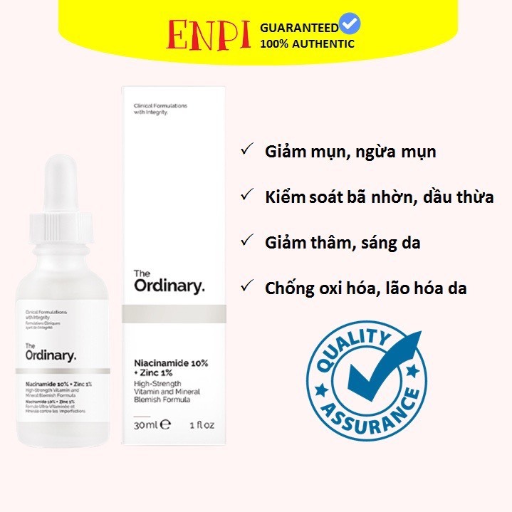 Serum ngừa mụn, sáng da, se khít Niacinamide 10% + Zinc 1% - The Ordinary 30ml