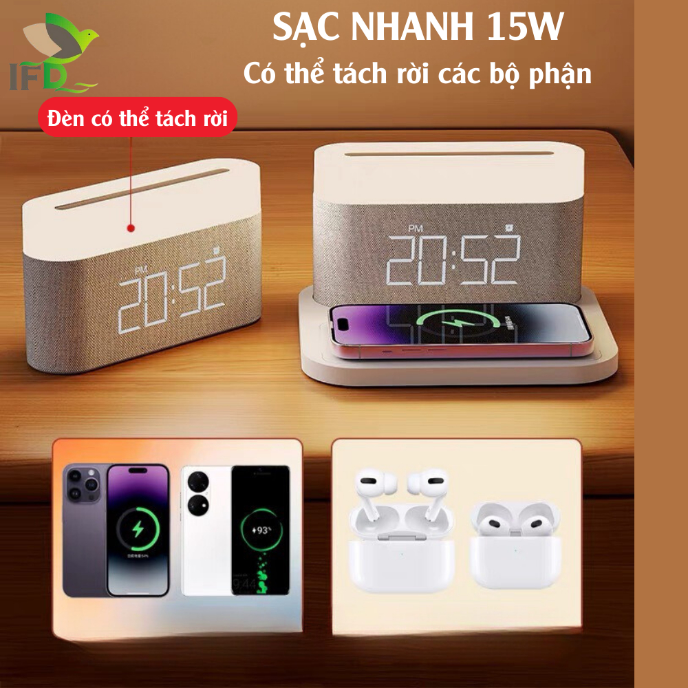 Sạc Không Dây AIFANDA Tích Hợp Đèn Ngủ Và Đồng Hồ Báo Thức 3IN1/ HÀNG CHÍNH HÃNG BH 12 THÁNG