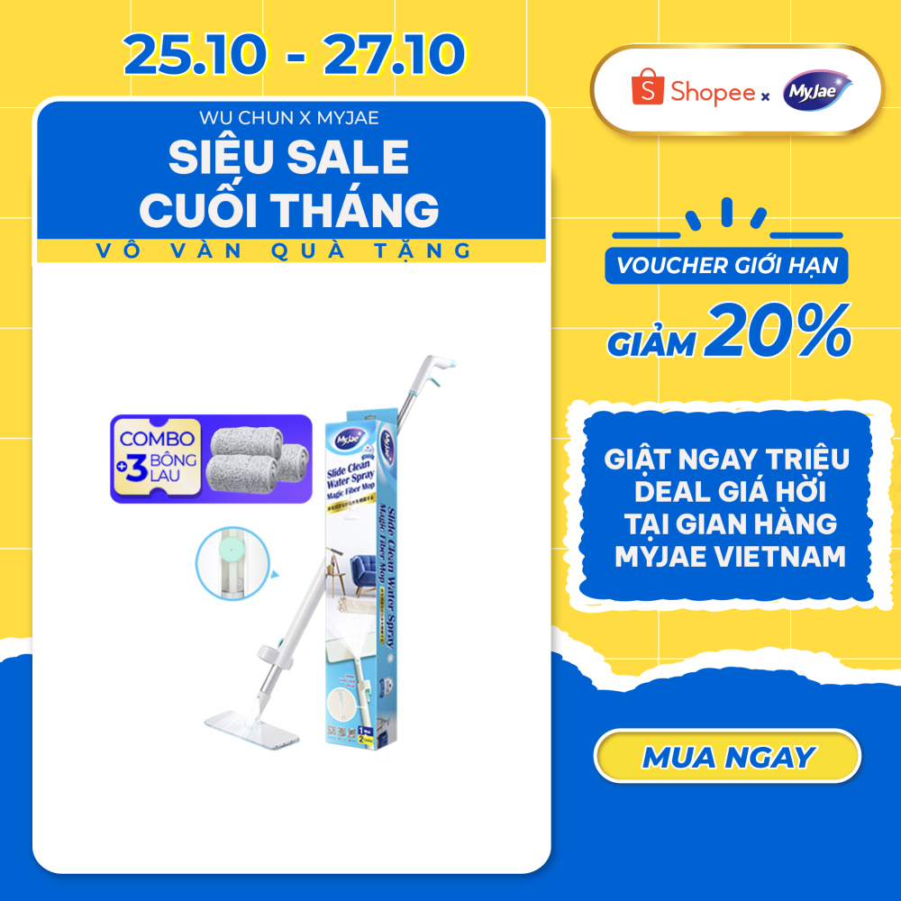 Combo 3 Bông Lau + 1 Cây Lau Nhà MyJae Sợi Microfiber Tự Vắt Phun Sương Xoay 360 Độ Thông Minh 138cm