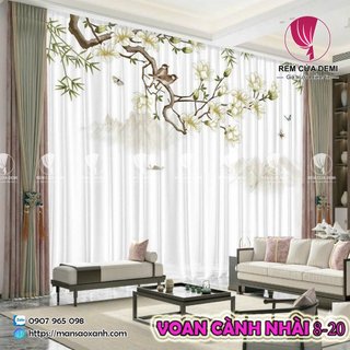 Rèm voan lụa in họa tiết - rèm spa voan in hình cây cành nhài - nhận may theo thiết kế inbox