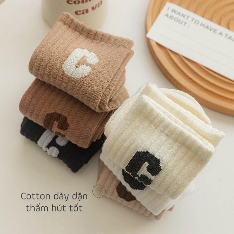 Tất Vớ Nữ, Tất Nữ Cao Cổ, Tất Nữ Nam Thêu Chữ C Chất Liệu Cotton Co giãn Thoáng Khí Mã T40