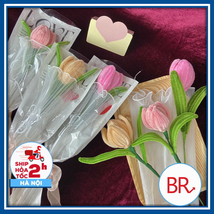 Set nguyên liệu làm bó hoa Tulip 15 bông bằng kẽm nhung Tặng kèm Thiệp + Đèn, Bộ phụ kiện DIY làm hoa quà tặng sinh nhật