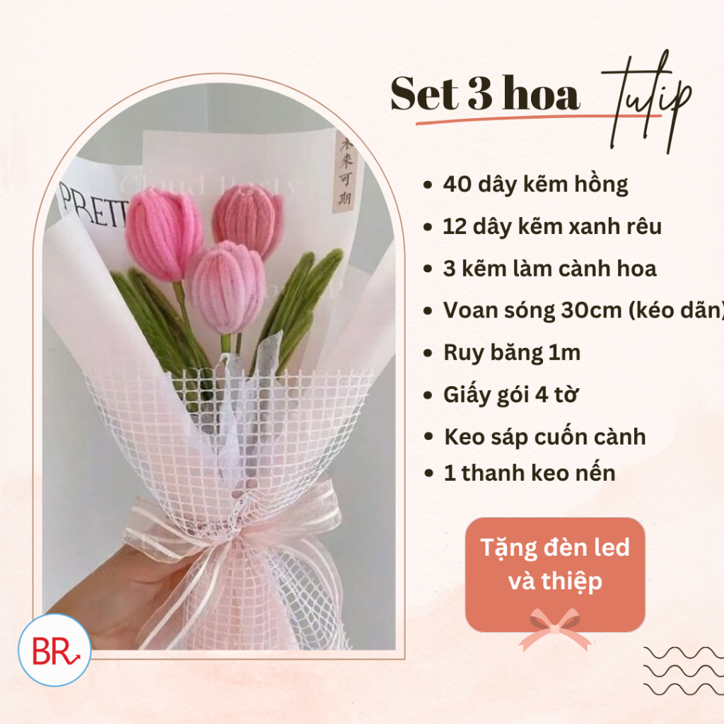 Set nguyên liệu làm bó hoa Tulip 15 bông bằng kẽm nhung Tặng kèm Thiệp + Đèn, Bộ phụ kiện DIY làm hoa quà tặng sinh nhật