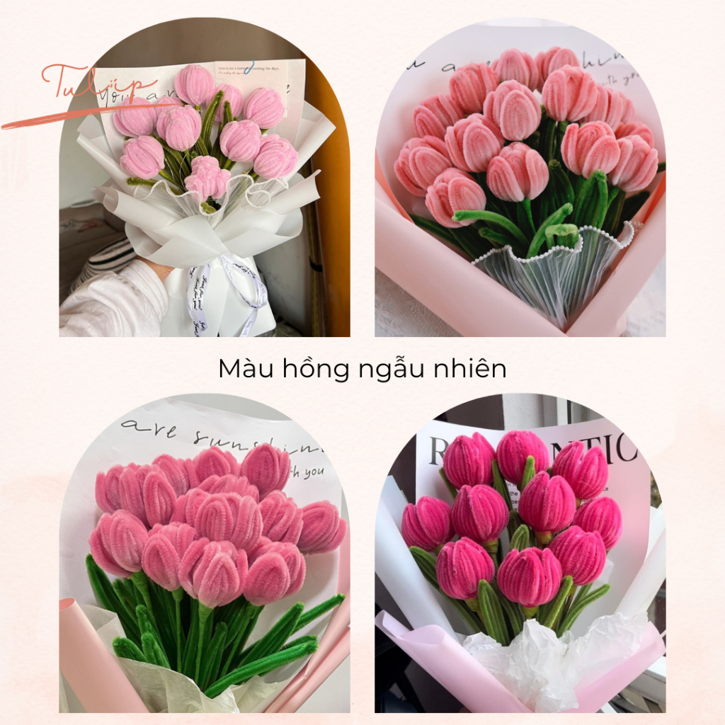 Set nguyên liệu làm bó hoa Tulip 15 bông bằng kẽm nhung Tặng kèm Thiệp + Đèn, Bộ phụ kiện DIY làm hoa quà tặng sinh nhật