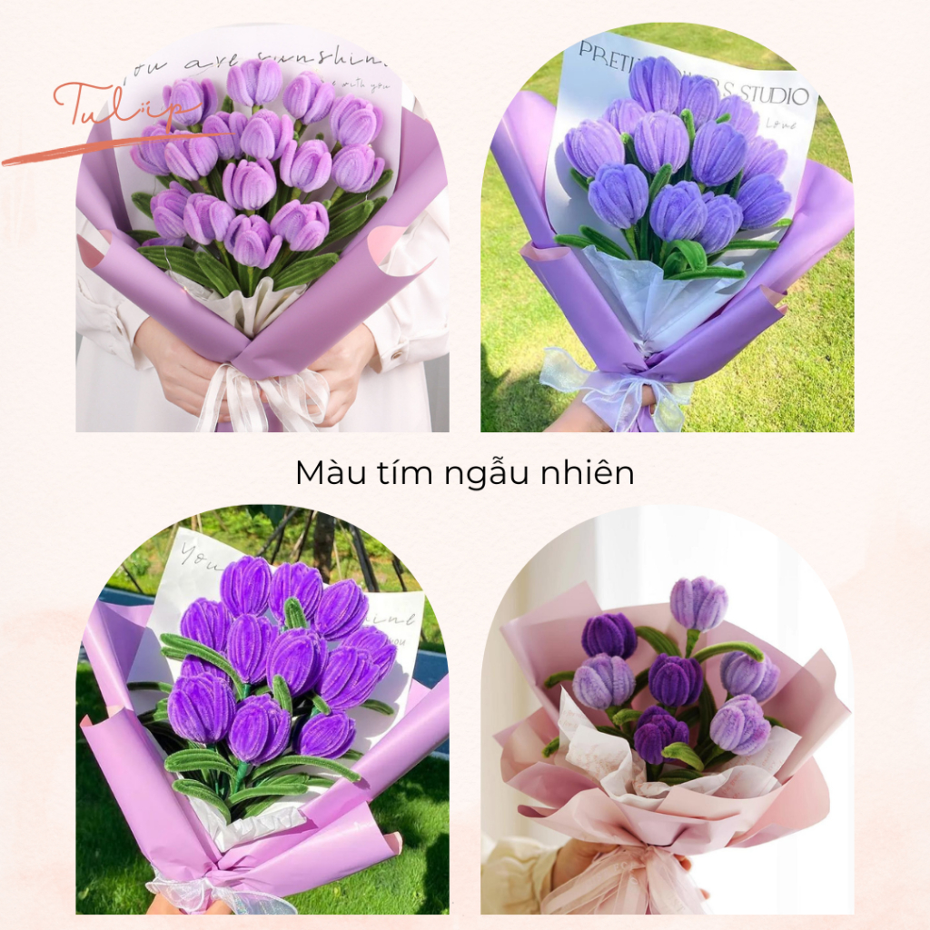 Set nguyên liệu làm bó hoa Tulip 15 bông bằng kẽm nhung Tặng kèm Thiệp + Đèn, Bộ phụ kiện DIY làm hoa quà tặng sinh nhật