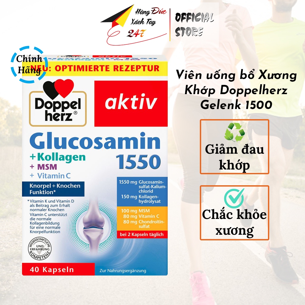 Viên uống xương khớp Glucosamine Doppelherz chắc khỏe xương, bôi trơn giảm đau khớp <Hàng Đức 40V>