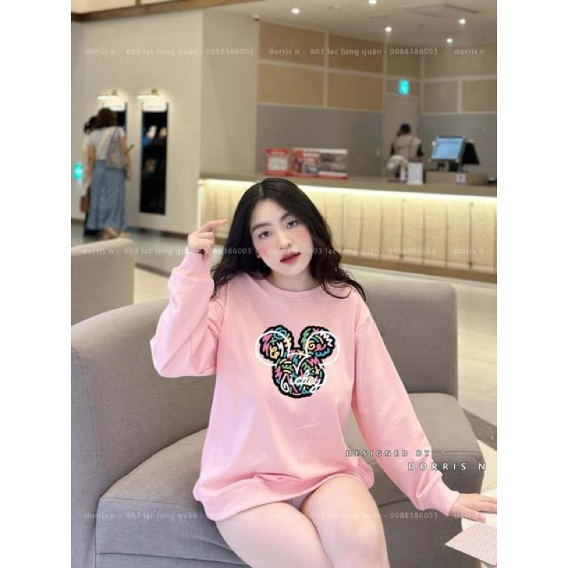 Áo dài tay thu đông sweater in mickey vằn màu