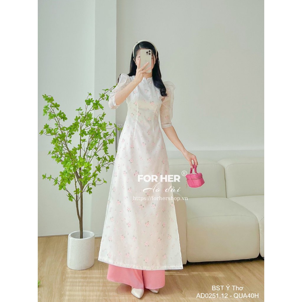 Áo dài FOR HER Ý Thơ trắng hoa hồng AD0251.12