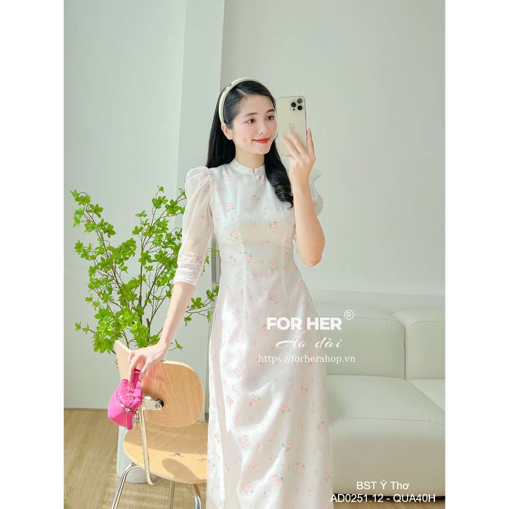 Áo dài FOR HER Ý Thơ trắng hoa hồng AD0251.12