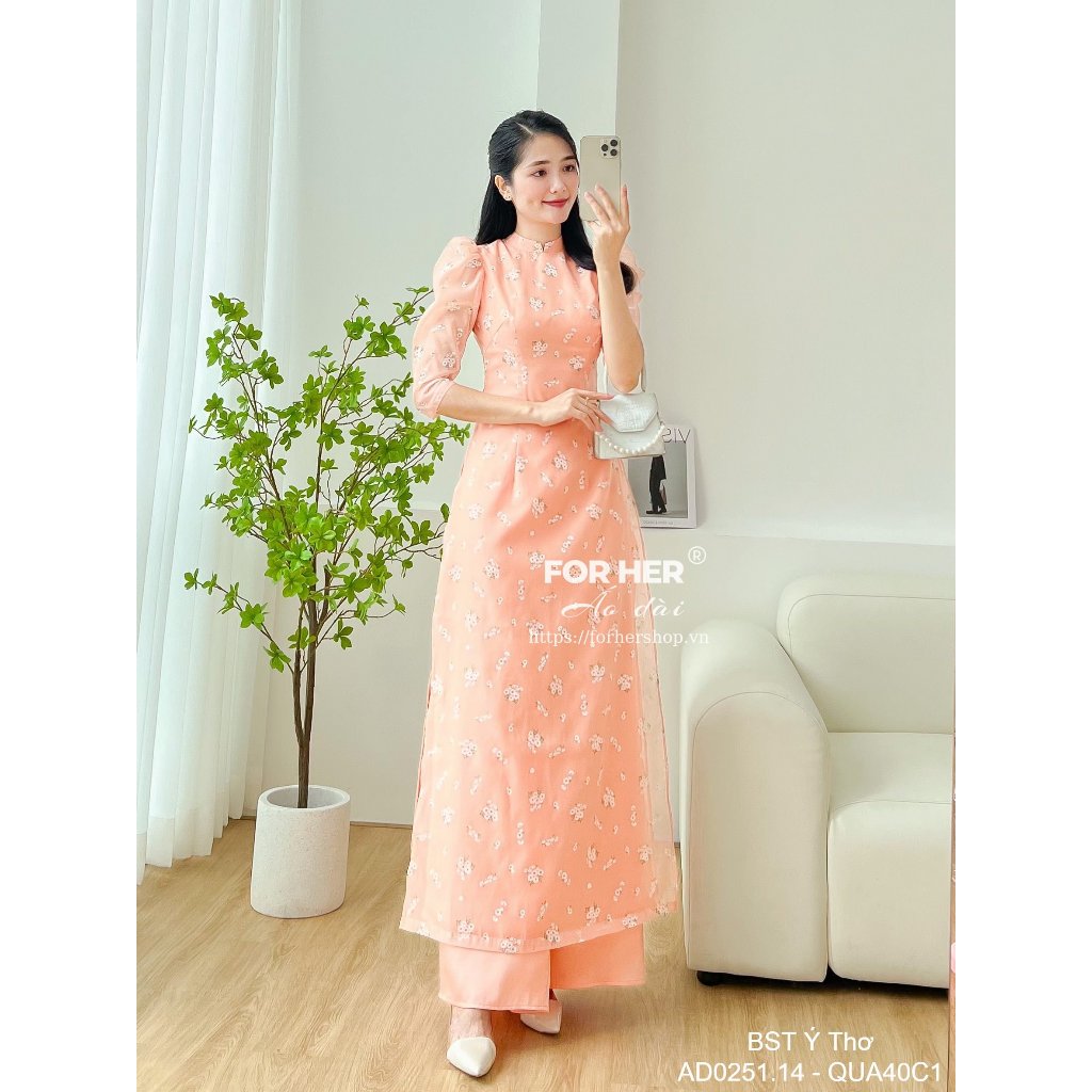 Áo dài FOR HER Ý Thơ cam hoa lá AD0251.14