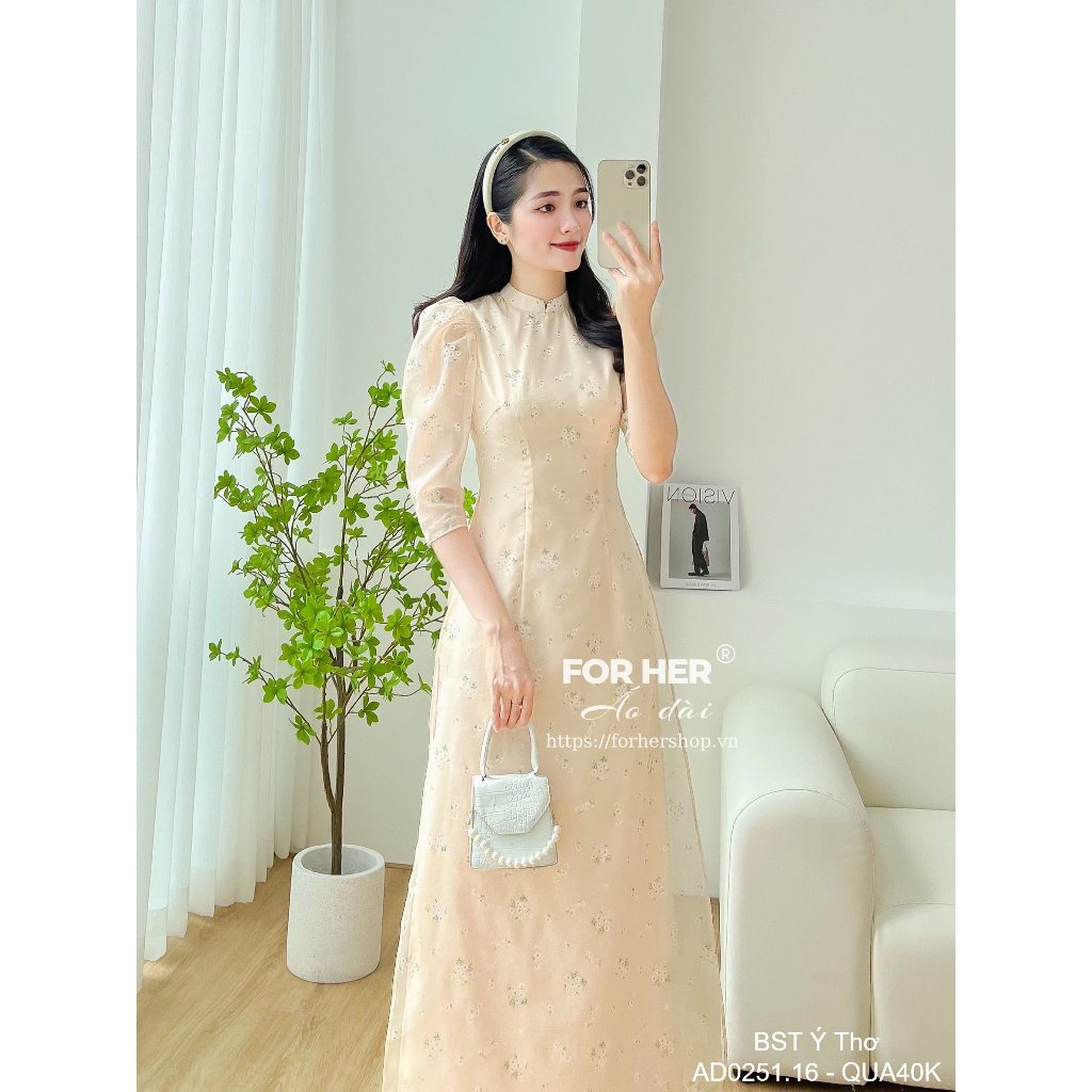 Áo dài FOR HER Ý Thơ kem hoa lá AD0251.16
