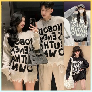  Áo len thun nữ Montoghi dệt kim DÁNG DÀI IN CHỮ phối RÁCH LAI TUA phom rộng siêu hot - L2M