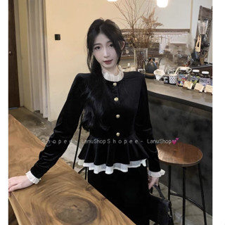 [Sẵn hàng đẹp ] Áo nhung dài tay pha bèo cúc vàng sang chảnh kèm chân váy ngắn dáng A, LanuShop