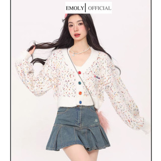 Áo khoác nữ croptop, áo cardigan dáng ngắn màu trắng họa tiết chấm li ti tay phồng - 135
