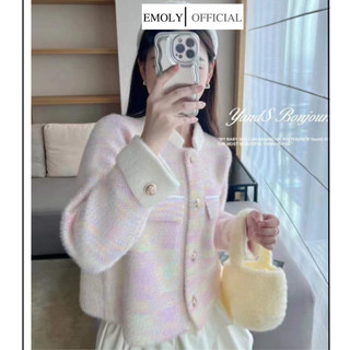  Áo khoác len nữ lông thỏ, áo khoác cardigan nữ màu hồng cổ trụ quý tộc sang chảnh EMOLY.VN - 230