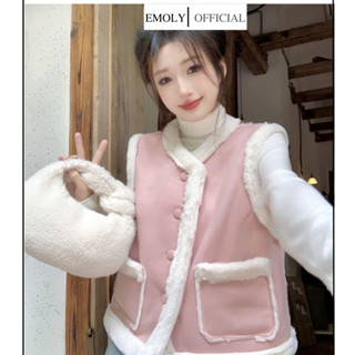 [SẴN] Áo khoác gile da lộn form rộng, áo ghile hồng viền lông trắng dễ thương mặc ngoài váy - 803