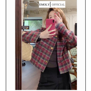 Áo khoác dạ nữ, áo dạ tweed dáng ngắn màu kẻ đỏ đen phong cách retro, áo khoác ngoài sang chảnh - 229