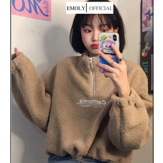 Áo hoodie nữ dáng ngắn, áo nữ dài tay croptop lông cừu cổ trụ - 132